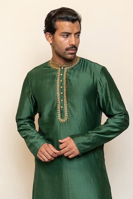 Buy_Nirjara_Green Chanderi Silk Placement Embroidery Peeta Aari Nawab Kurta 