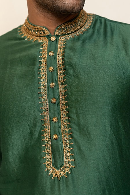 Shop_Nirjara_Green Chanderi Silk Placement Embroidery Peeta Aari Nawab Kurta 