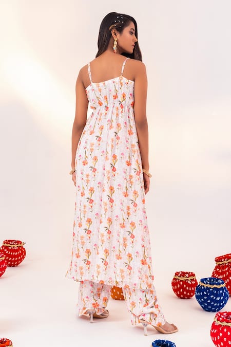 Shop_Silky Bindra_White Georgette Crystals V-neck Floral Print Tunic And Straight Pant Set _at_Aza_Fashions