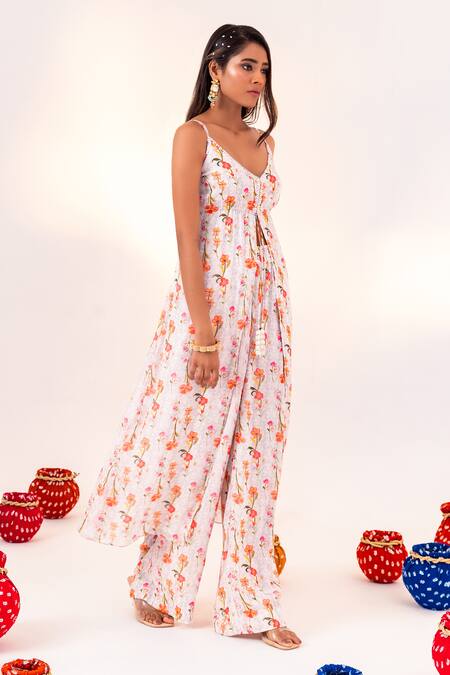 Silky Bindra_White Georgette Crystals V-neck Floral Print Tunic And Straight Pant Set _Online_at_Aza_Fashions