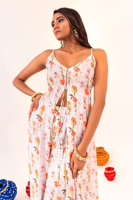 Shop_Silky Bindra_White Georgette Crystals V-neck Floral Print Tunic And Straight Pant Set _Online_at_Aza_Fashions