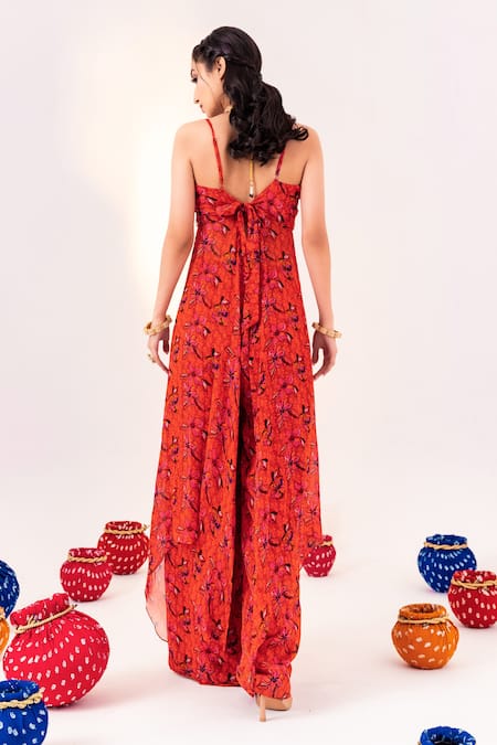 Shop Silky Bindra Orange Georgette, Satin Embroidery Sweetheart Floral Print Blouse And Pant Set at Aza Fashions Shop_Silky Bindra_Orange Georgette, Satin Embroidery Sweetheart Floral Print Blouse And Pant Set _at_Aza_Fashions