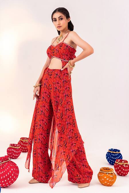 Silky Bindra Orange Georgette, Satin Embroidery Sweetheart Floral Print Blouse And Pant Set Online at Aza Fashions Silky Bindra_Orange Georgette, Satin Embroidery Sweetheart Floral Print Blouse And Pant Set _Online_at_Aza_Fashions