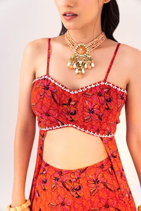 Buy Silky Bindra Orange Georgette, Satin Embroidery Sweetheart Floral Print Blouse And Pant Set Online at Aza Fashions Buy_Silky Bindra_Orange Georgette, Satin Embroidery Sweetheart Floral Print Blouse And Pant Set _Online_at_Aza_Fashions