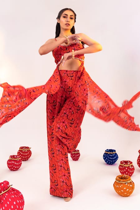 Shop Silky Bindra Orange Georgette, Satin Embroidery Sweetheart Floral Print Blouse And Pant Set Online at Aza Fashions Shop_Silky Bindra_Orange Georgette, Satin Embroidery Sweetheart Floral Print Blouse And Pant Set _Online_at_Aza_Fashions