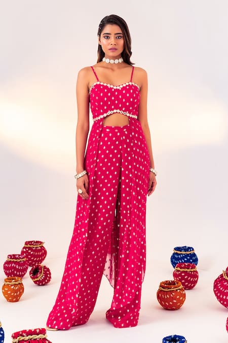Silky Bindra Pink Georgette Woven Polka Dot Sweetheart Neck Blouse And Pant Set