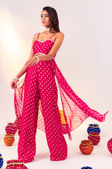 Silky Bindra_Pink Georgette Mirrors, Embroidery Sweetheart Polka Dot Woven Blouse And Pant Set _Online_at_Aza_Fashions
