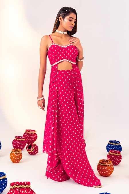 Buy_Silky Bindra_Pink Georgette Mirrors, Embroidery Sweetheart Polka Dot Woven Blouse And Pant Set _Online_at_Aza_Fashions