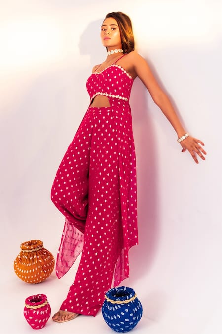 Shop_Silky Bindra_Pink Georgette Mirrors, Embroidery Sweetheart Polka Dot Woven Blouse And Pant Set _Online_at_Aza_Fashions