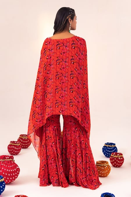 Shop Silky Bindra Orange Georgette, Satin Embroidery, Floral Print Jacket Kaftan And Gharara Set at Aza Fashions Shop_Silky Bindra_Orange Georgette, Satin Embroidery, Floral Print Jacket Kaftan And Gharara Set _at_Aza_Fashions