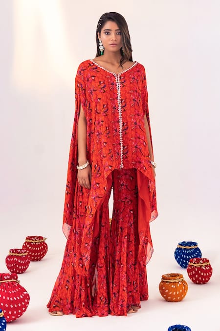 Silky Bindra Orange Georgette, Satin Embroidery, Floral Print Jacket Kaftan And Gharara Set Online at Aza Fashions Silky Bindra_Orange Georgette, Satin Embroidery, Floral Print Jacket Kaftan And Gharara Set _Online_at_Aza_Fashions