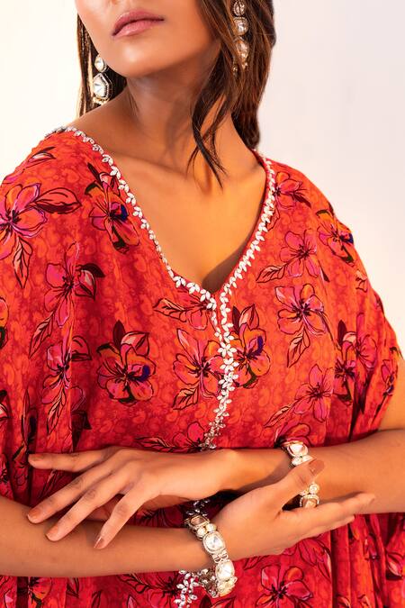 Buy Silky Bindra Orange Georgette, Satin Embroidery, Floral Print Jacket Kaftan And Gharara Set Online at Aza Fashions Buy_Silky Bindra_Orange Georgette, Satin Embroidery, Floral Print Jacket Kaftan And Gharara Set _Online_at_Aza_Fashions