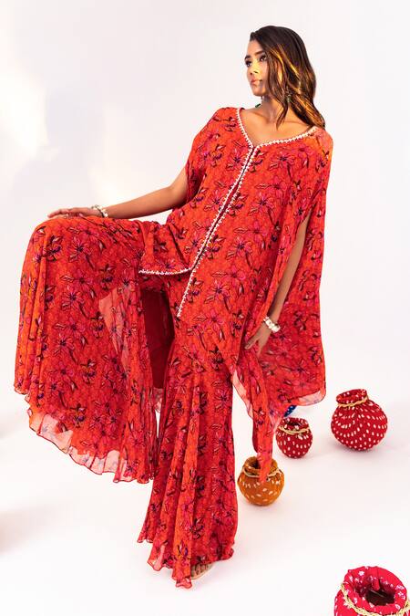Shop Silky Bindra Orange Georgette, Satin Embroidery, Floral Print Jacket Kaftan And Gharara Set Online at Aza Fashions Shop_Silky Bindra_Orange Georgette, Satin Embroidery, Floral Print Jacket Kaftan And Gharara Set _Online_at_Aza_Fashions