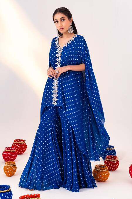 Silky Bindra_Blue Georgette, Satin, Silk Embroidery, Printed Jacket Kaftan And Gharara Set _Online_at_Aza_Fashions
