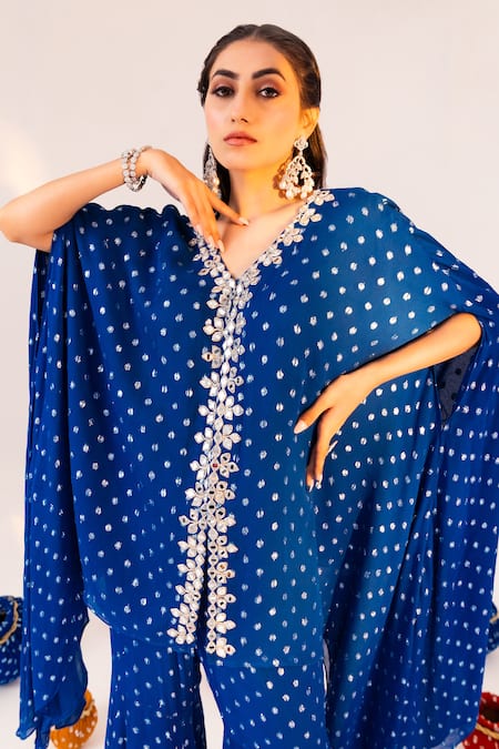 Buy_Silky Bindra_Blue Georgette, Satin, Silk Embroidery, Printed Jacket Kaftan And Gharara Set _Online_at_Aza_Fashions