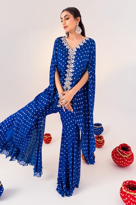 Shop_Silky Bindra_Blue Georgette, Satin, Silk Embroidery, Printed Jacket Kaftan And Gharara Set _Online_at_Aza_Fashions