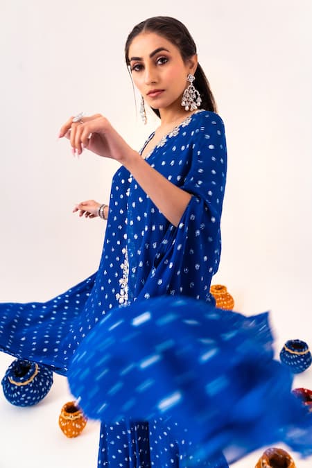 Silky Bindra_Blue Georgette, Satin, Silk Embroidery, Printed Jacket Kaftan And Gharara Set _at_Aza_Fashions