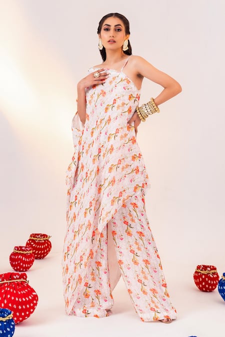 Silky Bindra White Georgette Printed Botanical Asymmetric Tunic And Straight Pant Set