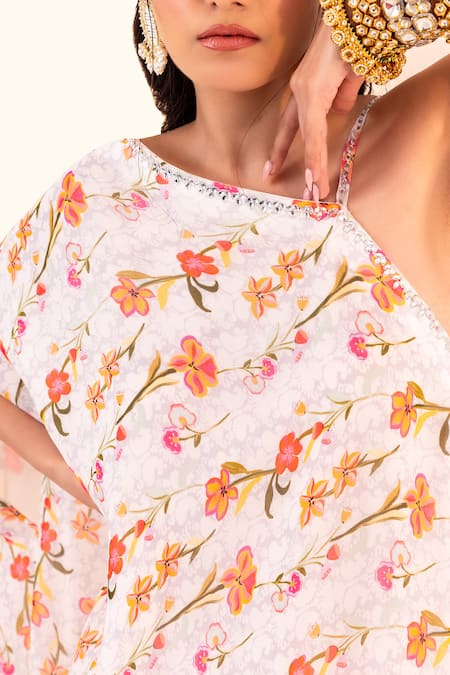 Buy_Silky Bindra_White Georgette, Silk, Satin Crystals Botanical Print Tunic And Straight Pant Set _Online_at_Aza_Fashions