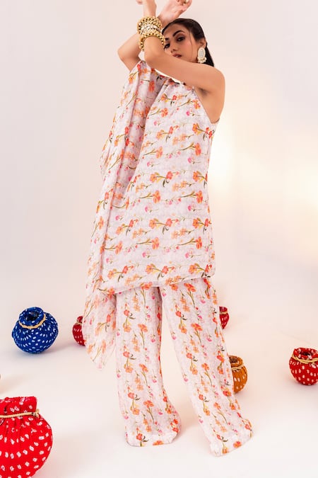 Shop_Silky Bindra_White Georgette, Silk, Satin Crystals Botanical Print Tunic And Straight Pant Set _Online_at_Aza_Fashions