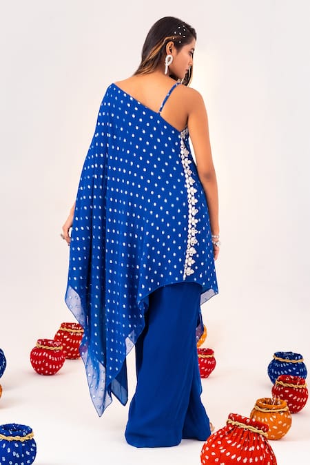 Shop Silky Bindra Blue Georgette, Silk Mirrors Polka Dot Woven Tunic And Straight Pant Set at Aza Fashions Shop_Silky Bindra_Blue Georgette, Silk Mirrors Polka Dot Woven Tunic And Straight Pant Set _at_Aza_Fashions