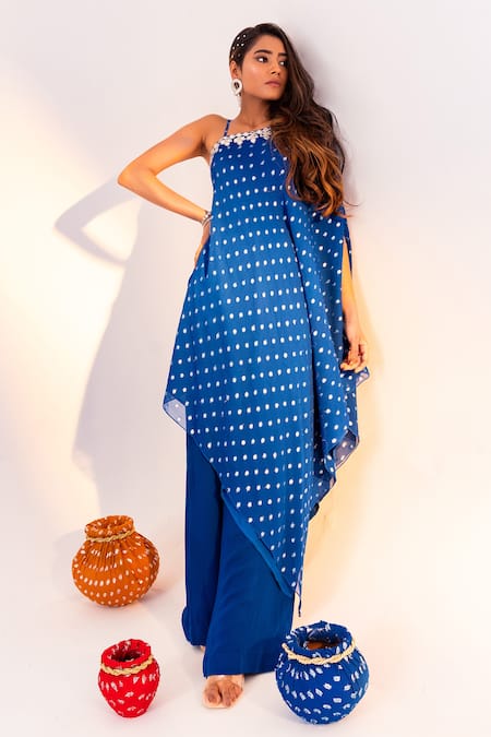 Buy Silky Bindra Blue Georgette, Silk Mirrors Polka Dot Woven Tunic And Straight Pant Set Online at Aza Fashions Buy_Silky Bindra_Blue Georgette, Silk Mirrors Polka Dot Woven Tunic And Straight Pant Set _Online_at_Aza_Fashions