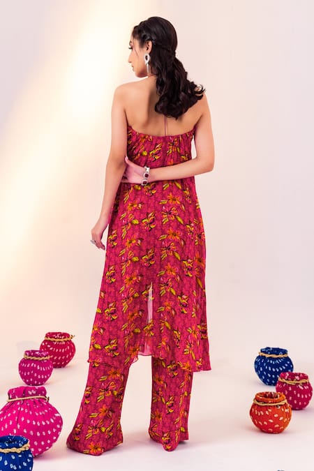 Shop Silky Bindra Purple Georgette, Satin Crystals Halter Neck Floral Print Tunic With Pant at Aza Fashions Shop_Silky Bindra_Purple Georgette, Satin Crystals Halter Neck Floral Print Tunic With Pant _at_Aza_Fashions