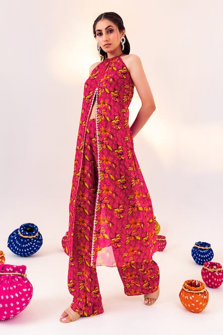 Buy Silky Bindra Purple Georgette, Satin Crystals Halter Neck Floral Print Tunic With Pant Online at Aza Fashions Buy_Silky Bindra_Purple Georgette, Satin Crystals Halter Neck Floral Print Tunic With Pant _Online_at_Aza_Fashions