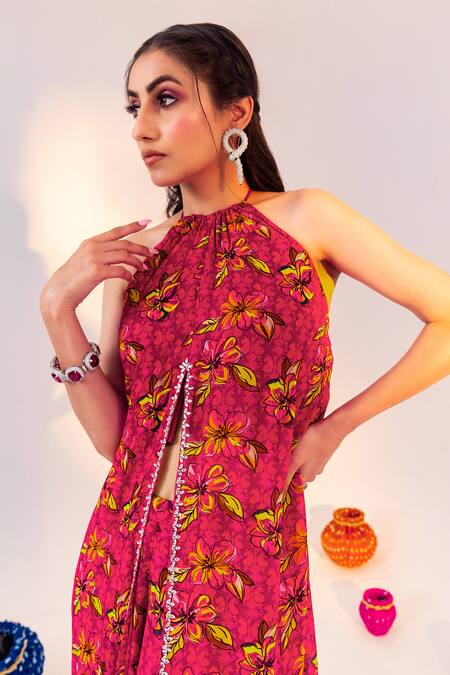 Shop Silky Bindra Purple Georgette, Satin Crystals Halter Neck Floral Print Tunic With Pant Online at Aza Fashions Shop_Silky Bindra_Purple Georgette, Satin Crystals Halter Neck Floral Print Tunic With Pant _Online_at_Aza_Fashions