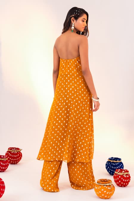 Shop_Silky Bindra_Yellow Georgette Crystals Halter Neck Geometric Pattern Tunic With Pant _at_Aza_Fashions