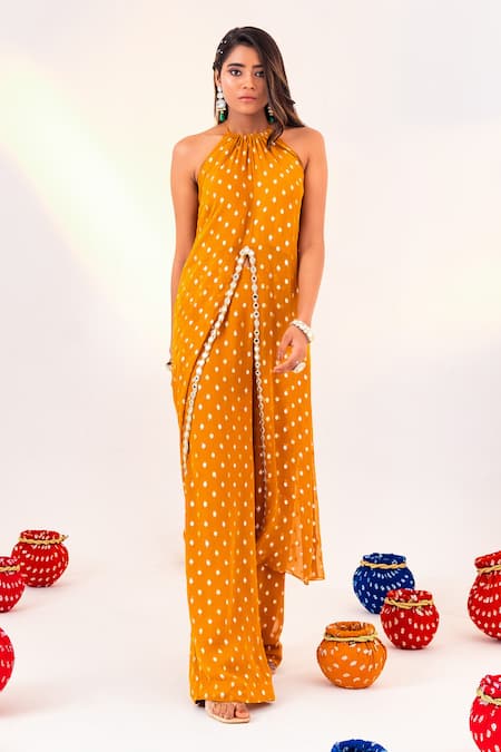 Buy_Silky Bindra_Yellow Georgette Crystals Halter Neck Geometric Pattern Tunic With Pant _Online_at_Aza_Fashions
