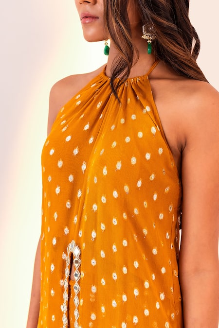 Shop_Silky Bindra_Yellow Georgette Crystals Halter Neck Geometric Pattern Tunic With Pant _Online_at_Aza_Fashions