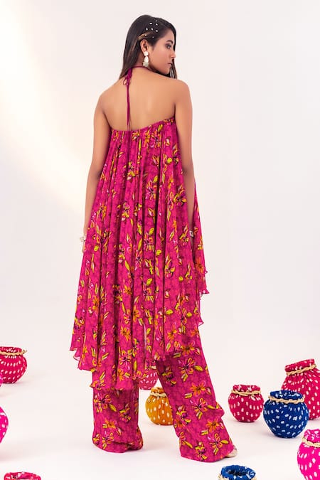 Shop Silky Bindra Purple Georgette, Chiffon Halter Neck Floral Print Asymmetric Tunic With Pant at Aza Fashions Shop_Silky Bindra_Purple Georgette, Chiffon Halter Neck Floral Print Asymmetric Tunic With Pant _at_Aza_Fashions