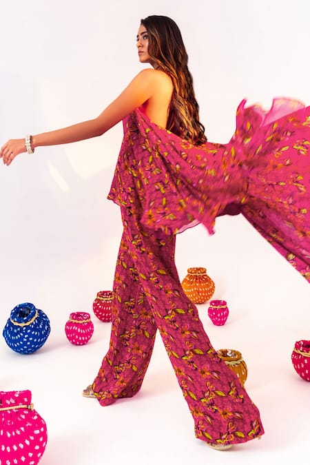 Silky Bindra Purple Georgette, Chiffon Halter Neck Floral Print Asymmetric Tunic With Pant Online at Aza Fashions Silky Bindra_Purple Georgette, Chiffon Halter Neck Floral Print Asymmetric Tunic With Pant _Online_at_Aza_Fashions