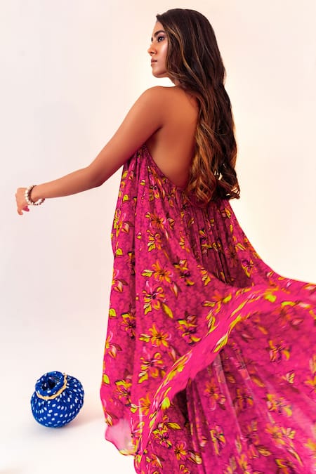 Buy Silky Bindra Purple Georgette, Chiffon Halter Neck Floral Print Asymmetric Tunic With Pant Online at Aza Fashions Buy_Silky Bindra_Purple Georgette, Chiffon Halter Neck Floral Print Asymmetric Tunic With Pant _Online_at_Aza_Fashions