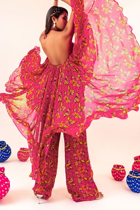 Shop Silky Bindra Purple Georgette, Chiffon Halter Neck Floral Print Asymmetric Tunic With Pant Online at Aza Fashions Shop_Silky Bindra_Purple Georgette, Chiffon Halter Neck Floral Print Asymmetric Tunic With Pant _Online_at_Aza_Fashions