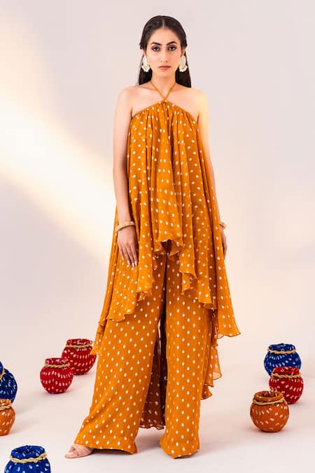 SILKY BINDRA Yellow Georgette Woven Geometric Halter Neck Pattern High-low Tunic With Pant 