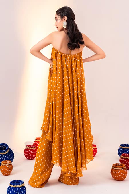 Shop_Silky Bindra_Yellow Georgette, Silk Organza, Satin Geometric Pattern High-low Tunic With Pant _at_Aza_Fashions