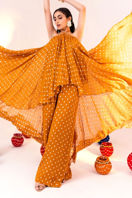 Shop_Silky Bindra_Yellow Georgette, Silk Organza, Satin Geometric Pattern High-low Tunic With Pant _Online_at_Aza_Fashions