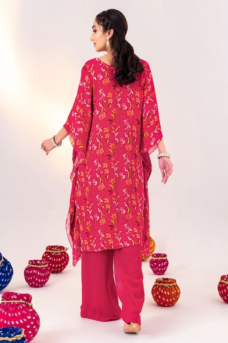 Shop Silky Bindra Pink Georgette Crystals V-neck Floral Print Kaftan With Pant at Aza Fashions Shop_Silky Bindra_Pink Georgette Crystals V-neck Floral Print Kaftan With Pant _at_Aza_Fashions
