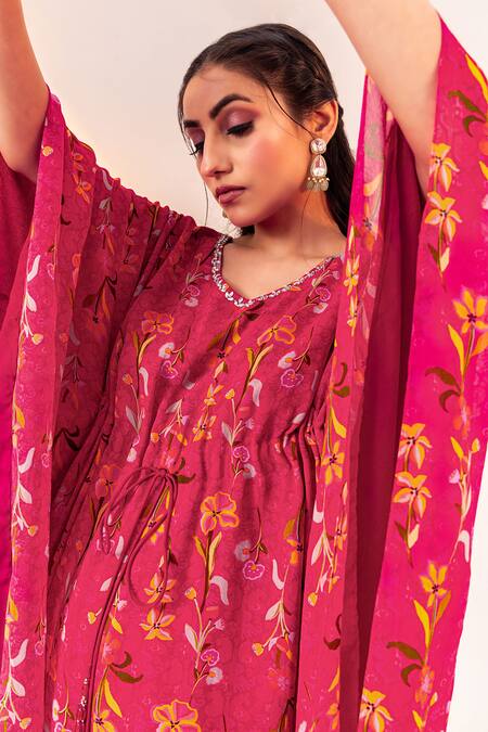 Silky Bindra Pink Georgette Crystals V-neck Floral Print Kaftan With Pant Online at Aza Fashions Silky Bindra_Pink Georgette Crystals V-neck Floral Print Kaftan With Pant _Online_at_Aza_Fashions