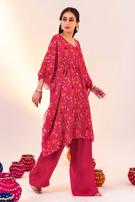 Buy Silky Bindra Pink Georgette Crystals V-neck Floral Print Kaftan With Pant Online at Aza Fashions Buy_Silky Bindra_Pink Georgette Crystals V-neck Floral Print Kaftan With Pant _Online_at_Aza_Fashions