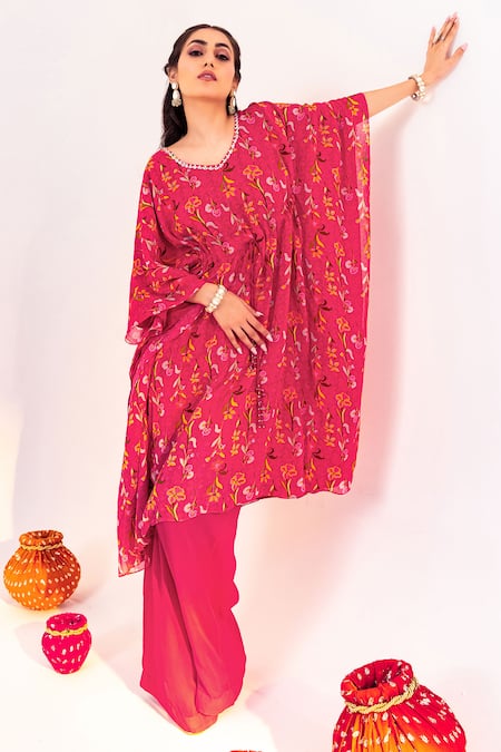 Shop Silky Bindra Pink Georgette Crystals V-neck Floral Print Kaftan With Pant Online at Aza Fashions Shop_Silky Bindra_Pink Georgette Crystals V-neck Floral Print Kaftan With Pant _Online_at_Aza_Fashions