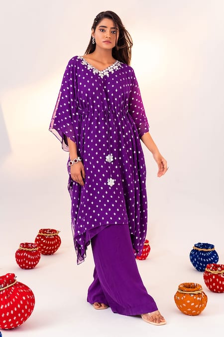 Silky Bindra_Purple Georgette, Satin Tassels V-neck Geometric Pattern Kaftan With Pant _Online_at_Aza_Fashions