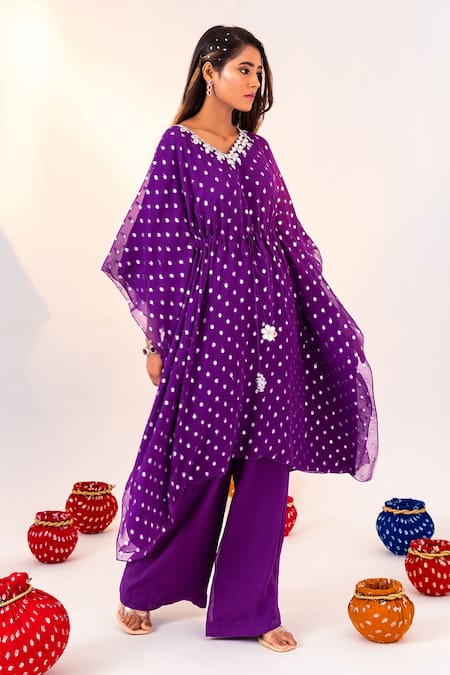 Buy_Silky Bindra_Purple Georgette, Satin Tassels V-neck Geometric Pattern Kaftan With Pant _Online_at_Aza_Fashions