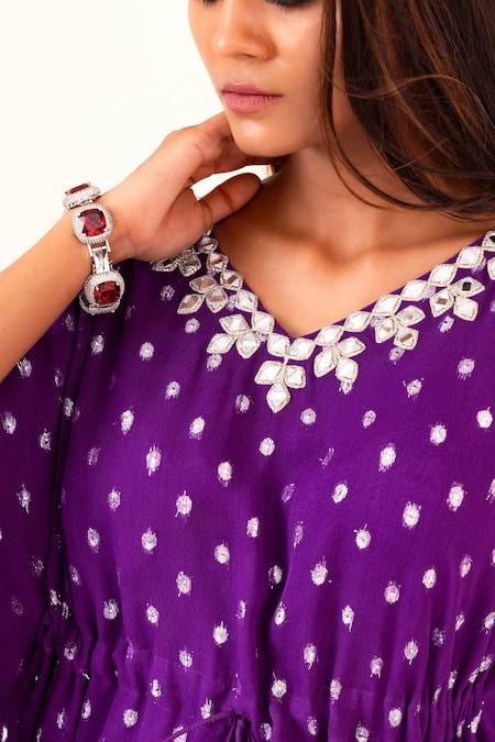 Shop_Silky Bindra_Purple Georgette, Satin Tassels V-neck Geometric Pattern Kaftan With Pant _Online_at_Aza_Fashions