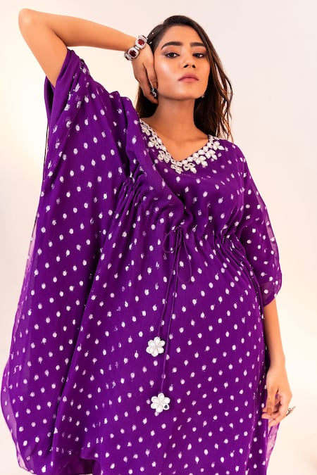 Silky Bindra_Purple Georgette, Satin Tassels V-neck Geometric Pattern Kaftan With Pant _at_Aza_Fashions