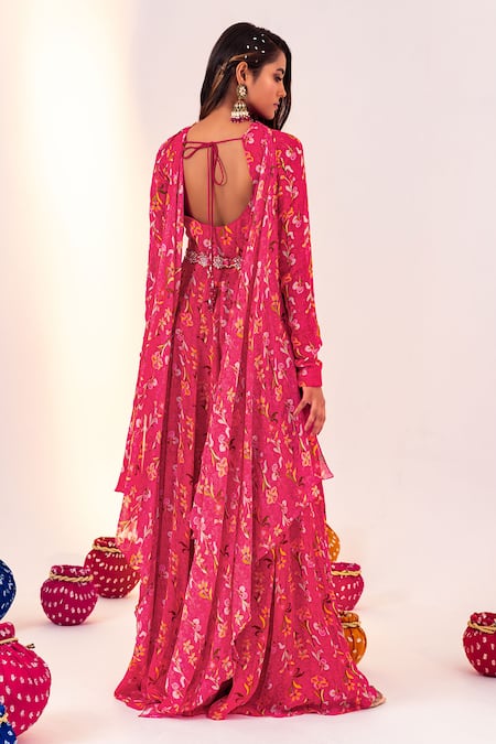 Shop_Silky Bindra_Pink Georgette, Net Embroidery, Mirrors Flower Vine Print Anarkali With Dupatta _at_Aza_Fashions