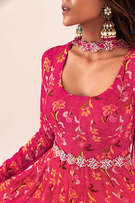 Silky Bindra_Pink Georgette, Net Embroidery, Mirrors Flower Vine Print Anarkali With Dupatta _Online_at_Aza_Fashions