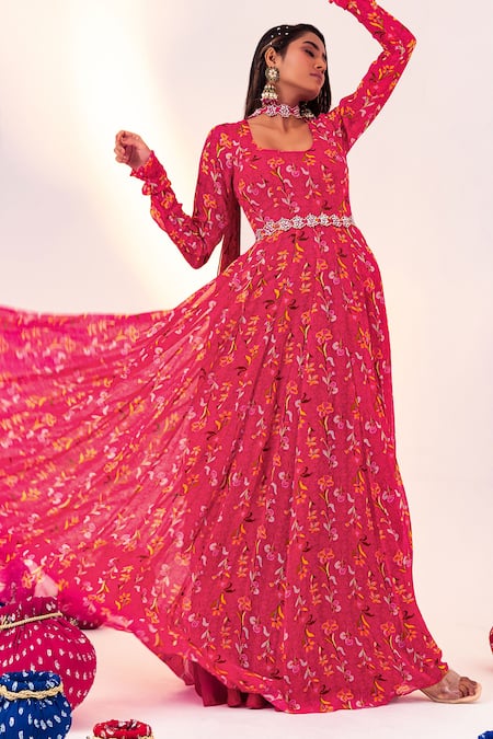 Buy_Silky Bindra_Pink Georgette, Net Embroidery, Mirrors Flower Vine Print Anarkali With Dupatta _Online_at_Aza_Fashions